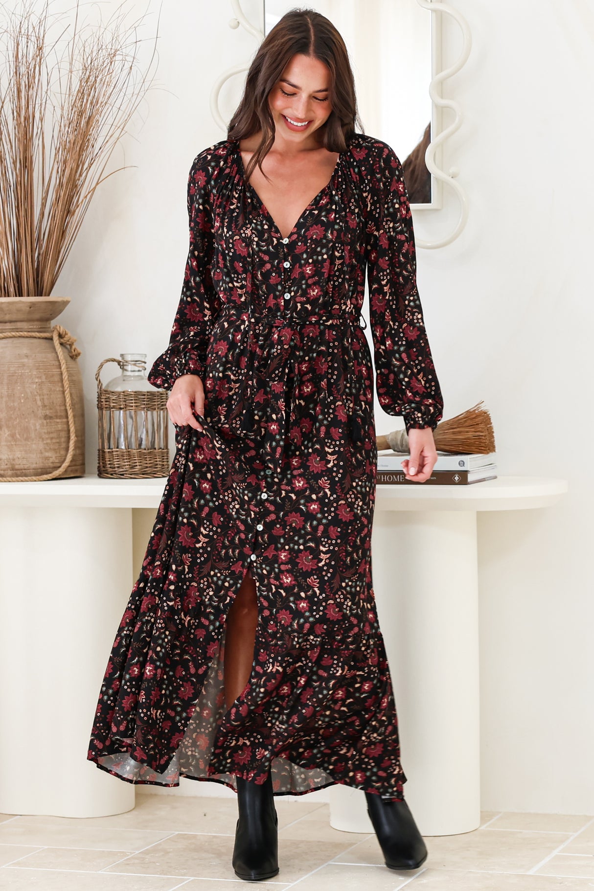 Maury Maxi Dress - V Neck Button Down Dress with Waist Tie in Nanushka Print