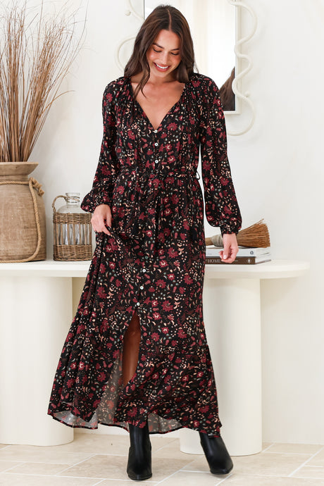 Maury Maxi Dress - V Neck Button Down Dress with Waist Tie in Nanushka Print
