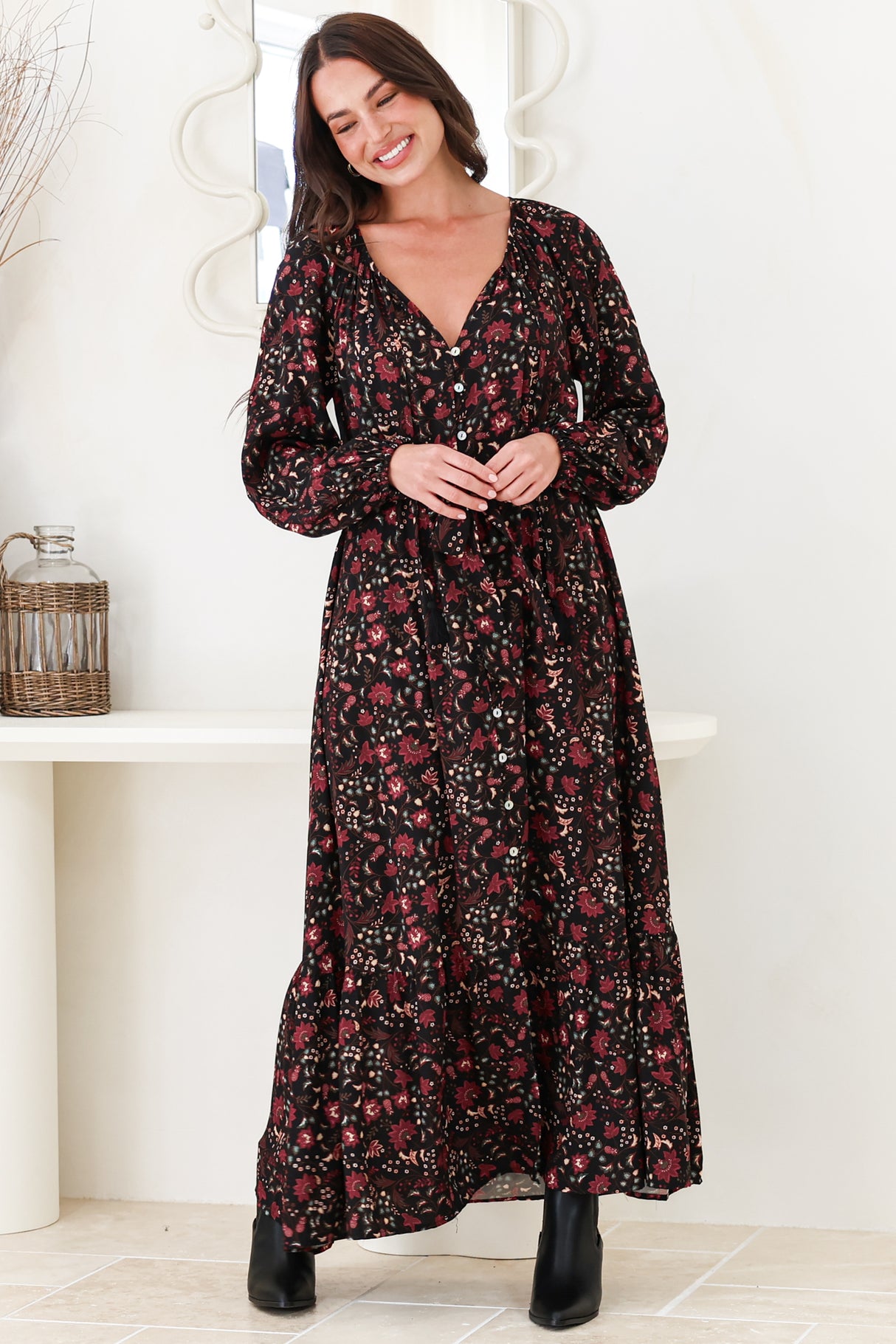 Maury Maxi Dress - V Neck Button Down Dress with Waist Tie in Nanushka Print