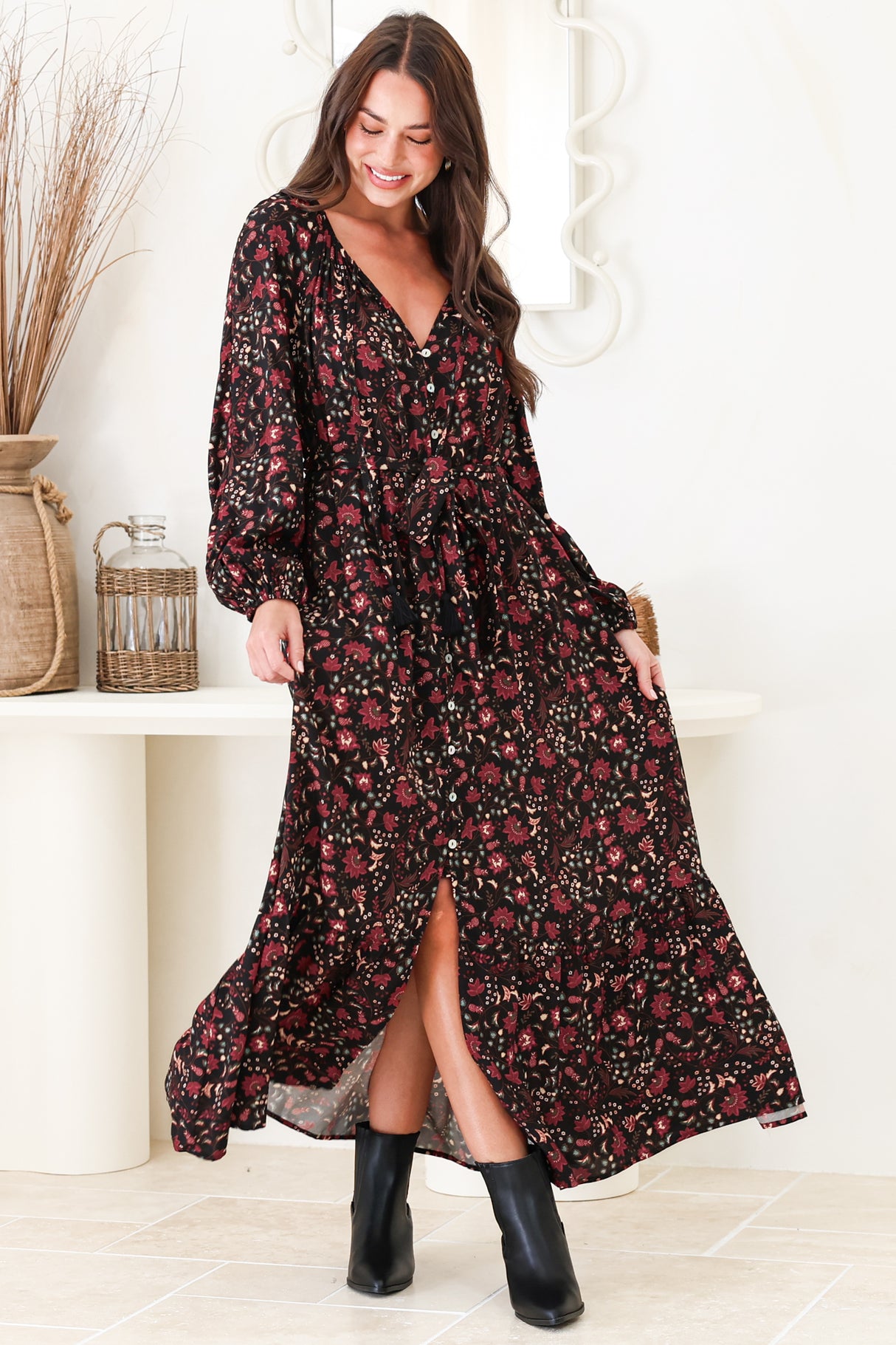 Maury Maxi Dress - V Neck Button Down Dress with Waist Tie in Nanushka Print