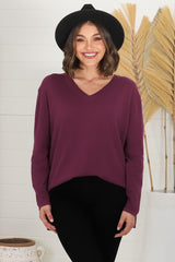 Mayanna Jumper - Light Weight V Neck Knit Jumper with Side Splits in Burgundy