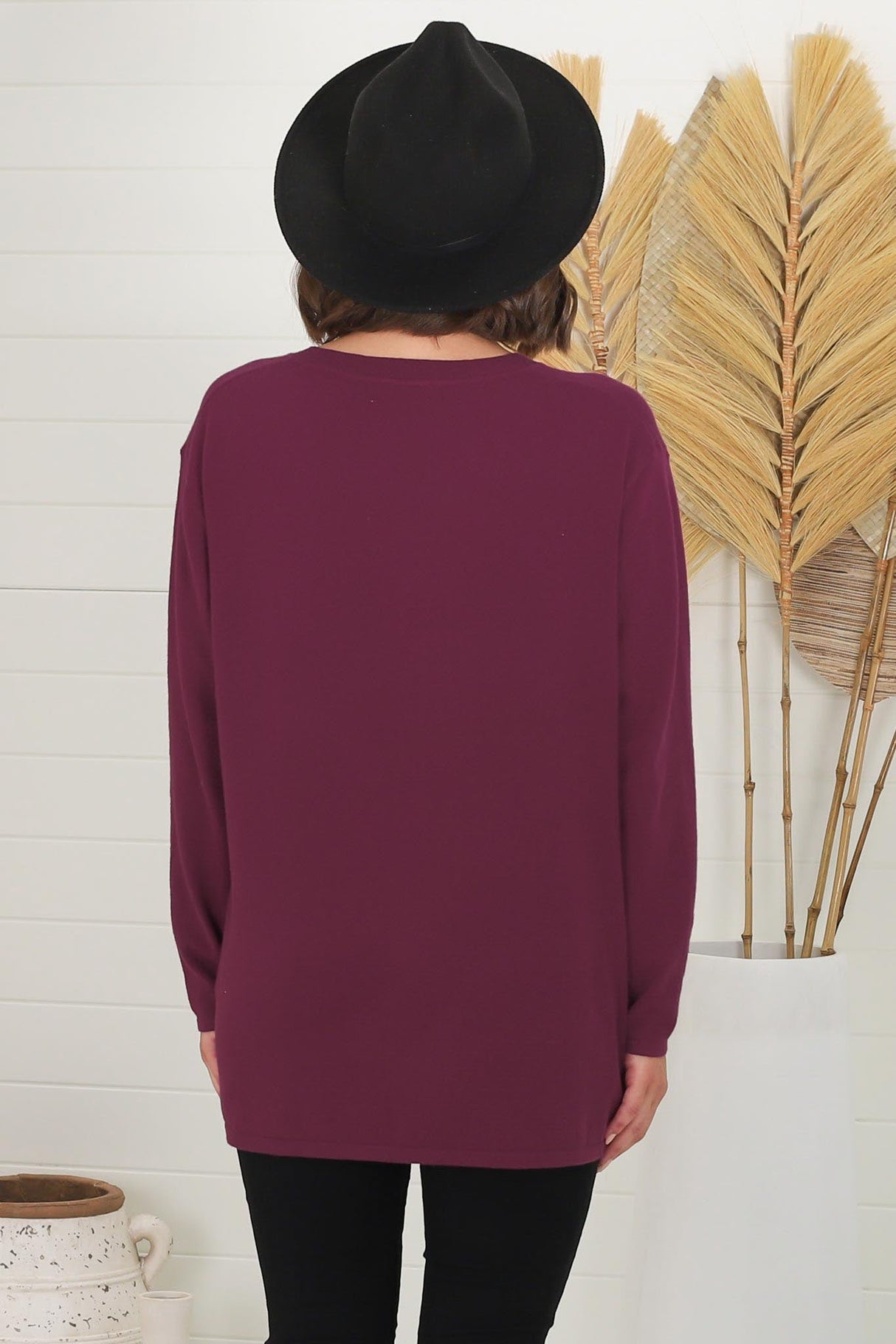 Mayanna Jumper - Light Weight V Neck Knit Jumper with Side Splits in Burgundy