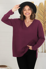 Mayanna Jumper - Lightweight V Neck Knit Jumper with Side Splits in Burgundy