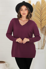 Mayanna Jumper - Light Weight V Neck Knit Jumper with Side Splits in Burgundy