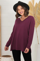 Mayanna Jumper - Light Weight V Neck Knit Jumper with Side Splits in Burgundy