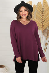 Mayanna Jumper - Light Weight V Neck Knit Jumper with Side Splits in Burgundy