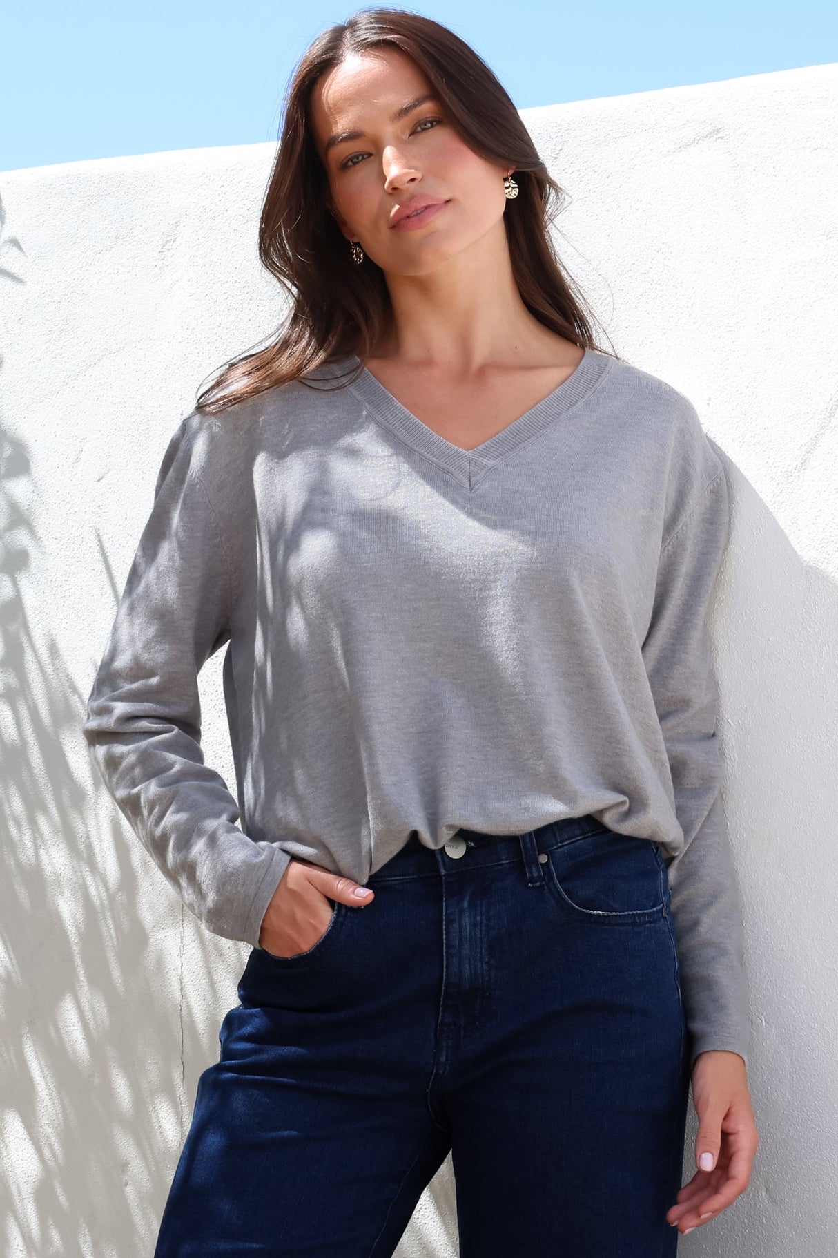 Mayanna Jumper - Light Weight V Neck Knit Jumper with Side Splits in Grey