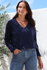 Mayanna Jumper - Light Weight V Neck Knit Jumper with Side Splits in Navy