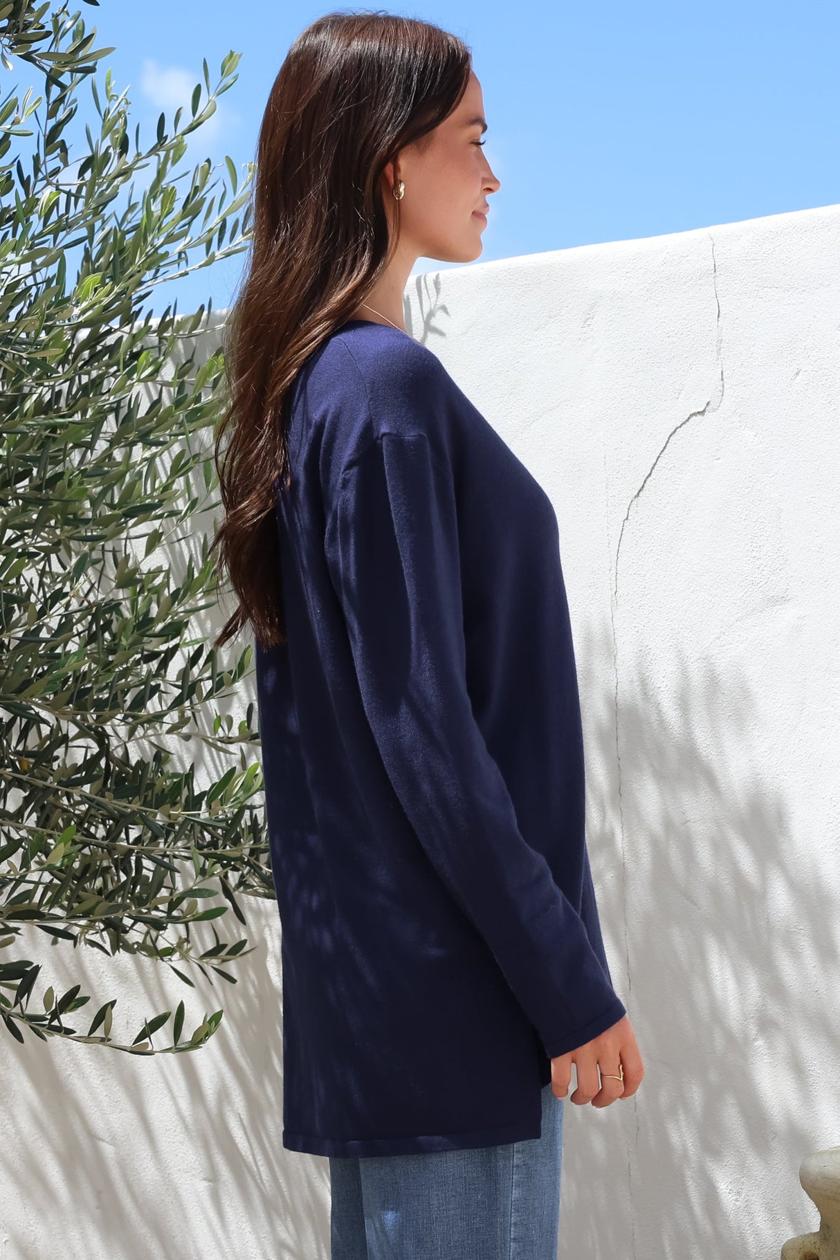 Mayanna Jumper - Light Weight V Neck Knit Jumper with Side Splits in Navy