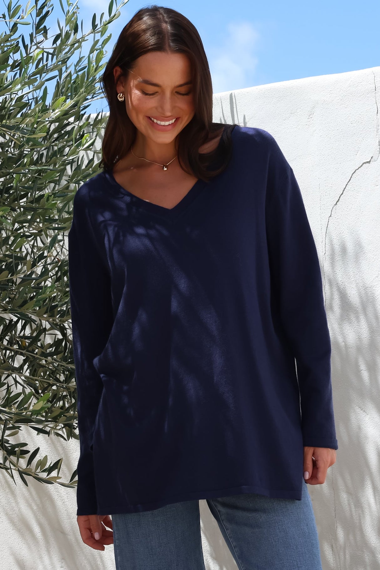 Mayanna Jumper - Light Weight V Neck Knit Jumper with Side Splits in Navy