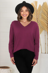 Mayanna Jumper - Lightweight V Neck Knit Jumper with Side Splits in Burgundy