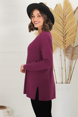 Mayanna Jumper - Lightweight V Neck Knit Jumper with Side Splits in Burgundy