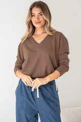Mayanna Jumper - Light Weight V Neck Knit with Side Splits in Coffee