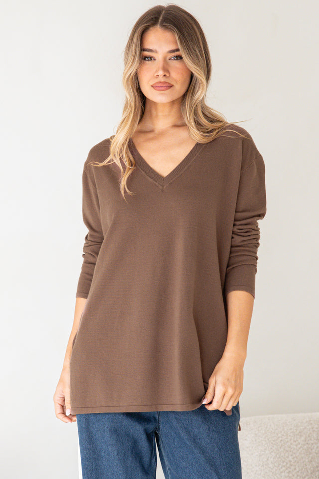 Model wearing Mayanna Jumper in Coffee from Salty Crush