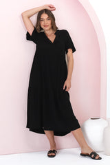 Malyn Midi Dress - Mandarin Collar Tiered Short Sleeve Dress in Black