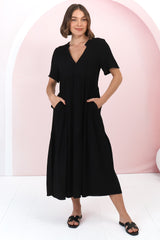 Malyn Midi Dress - Mandarin Collar Tiered Short Sleeve Dress in Black