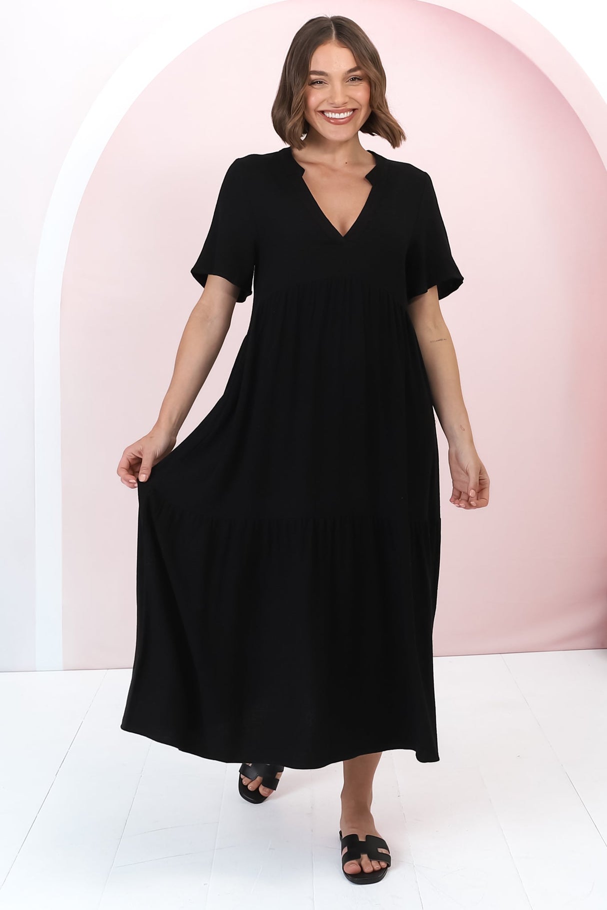 Malyn Midi Dress - Mandarin Collar Tiered Short Sleeve Dress in Black