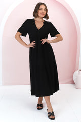 Malyn Midi Dress - Mandarin Collar Tiered Short Sleeve Dress in Black