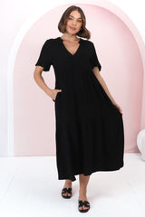 Malyn Midi Dress - Mandarin Collar Tiered Short Sleeve Dress in Black