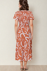 Amaya Midi Dress - Shirred Cap Sleeve A Line Dress in Daley Print Rust