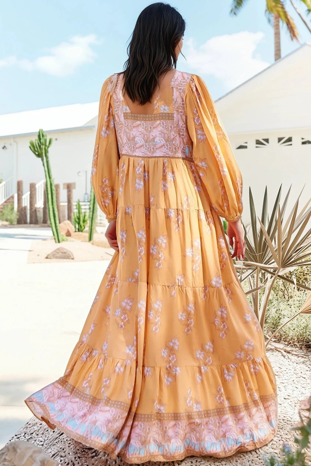 Meadow Maxi Dress - Long Sleeve Full Length Tiered Maxi Dress in Mango Paper Crane Print