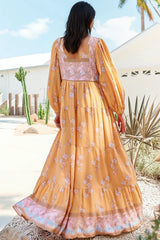 JAASE - Meadow Maxi Dress: Long Sleeve Full Length Tiered Maxi Dress in Mango Paper Crane Print