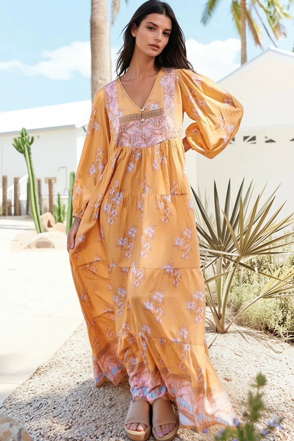 JAASE - Meadow Maxi Dress: Long Sleeve Full Length Tiered Maxi Dress in Mango Paper Crane Print