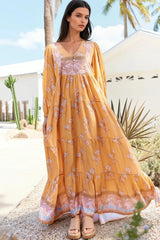 JAASE - Meadow Maxi Dress: Long Sleeve Full Length Tiered Maxi Dress in Mango Paper Crane Print