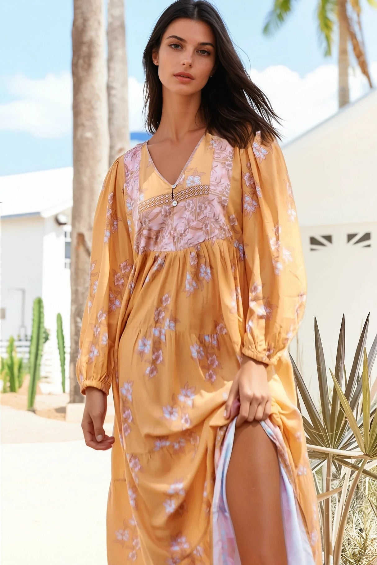 Meadow Maxi Dress - Long Sleeve Full Length Tiered Maxi Dress in Mango Paper Crane Print