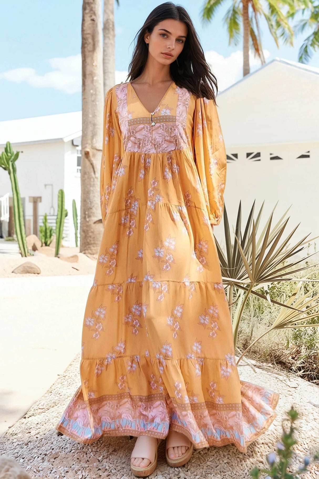 JAASE - Meadow Maxi Dress: Long Sleeve Full Length Tiered Maxi Dress in Mango Paper Crane Print