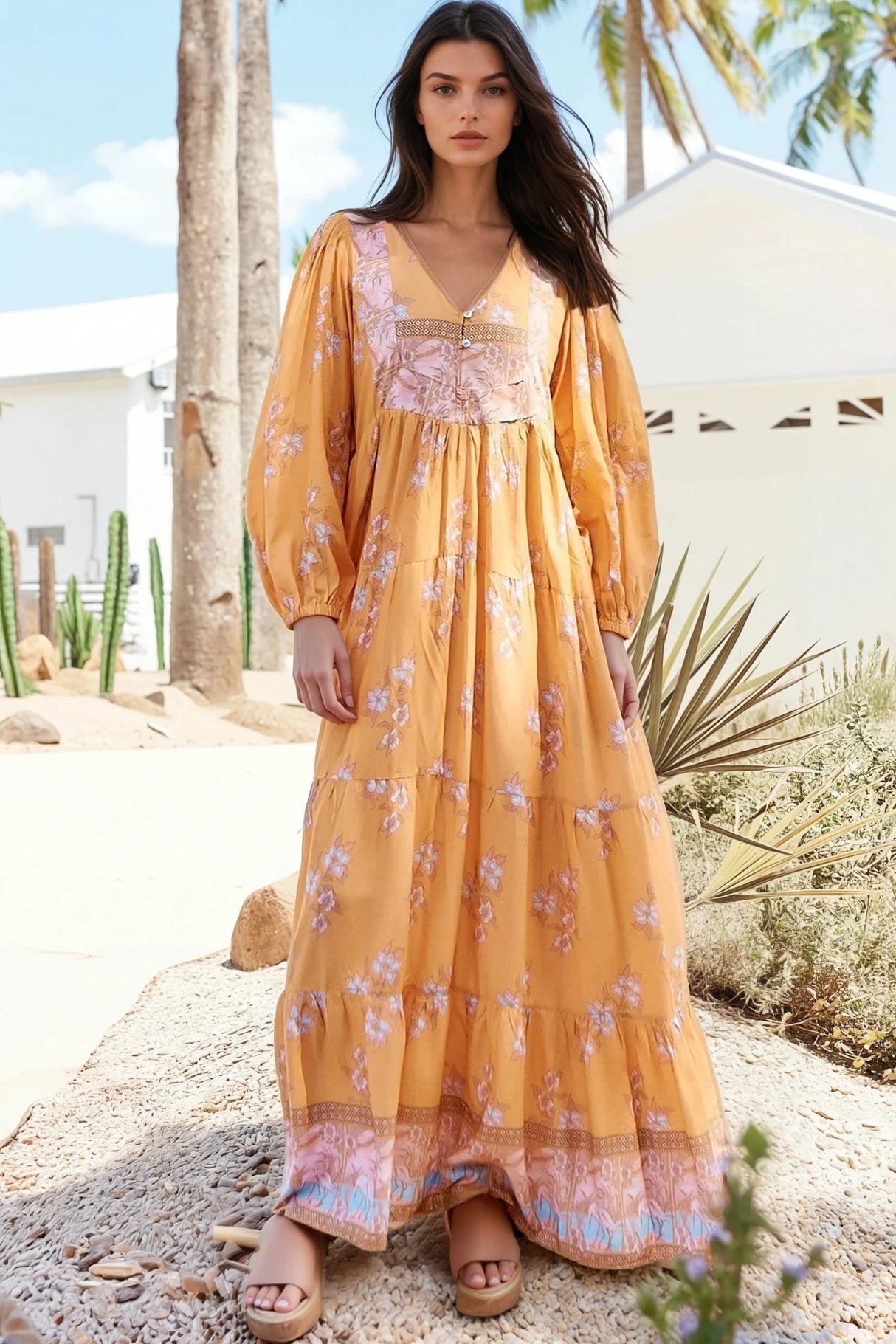 JAASE - Meadow Maxi Dress: Long Sleeve Full Length Tiered Maxi Dress in Mango Paper Crane Print