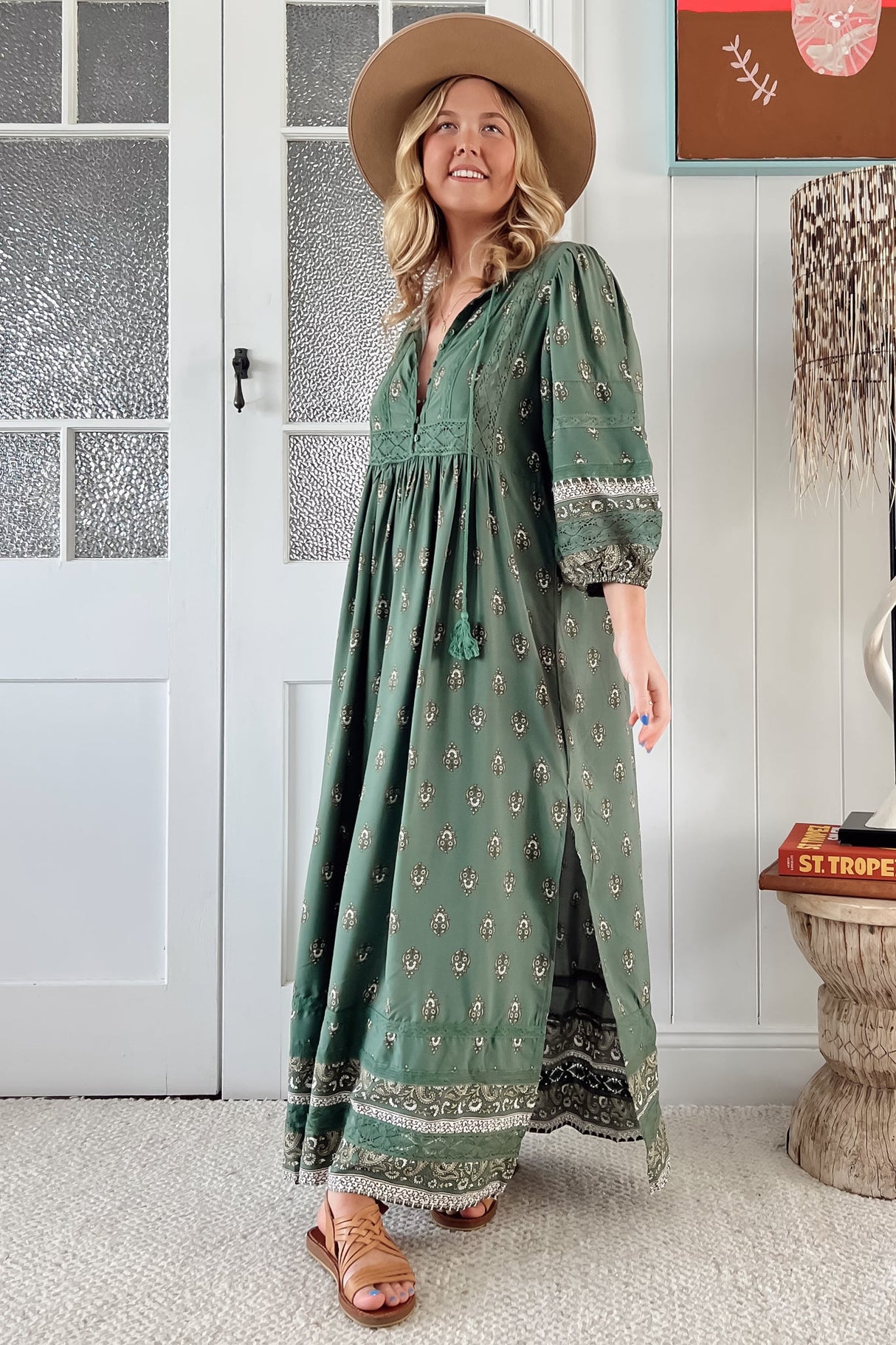 JAASE - Meadow Maxi Dress: Lace Insert Detailed Dress with Side Splits in Viridian Print