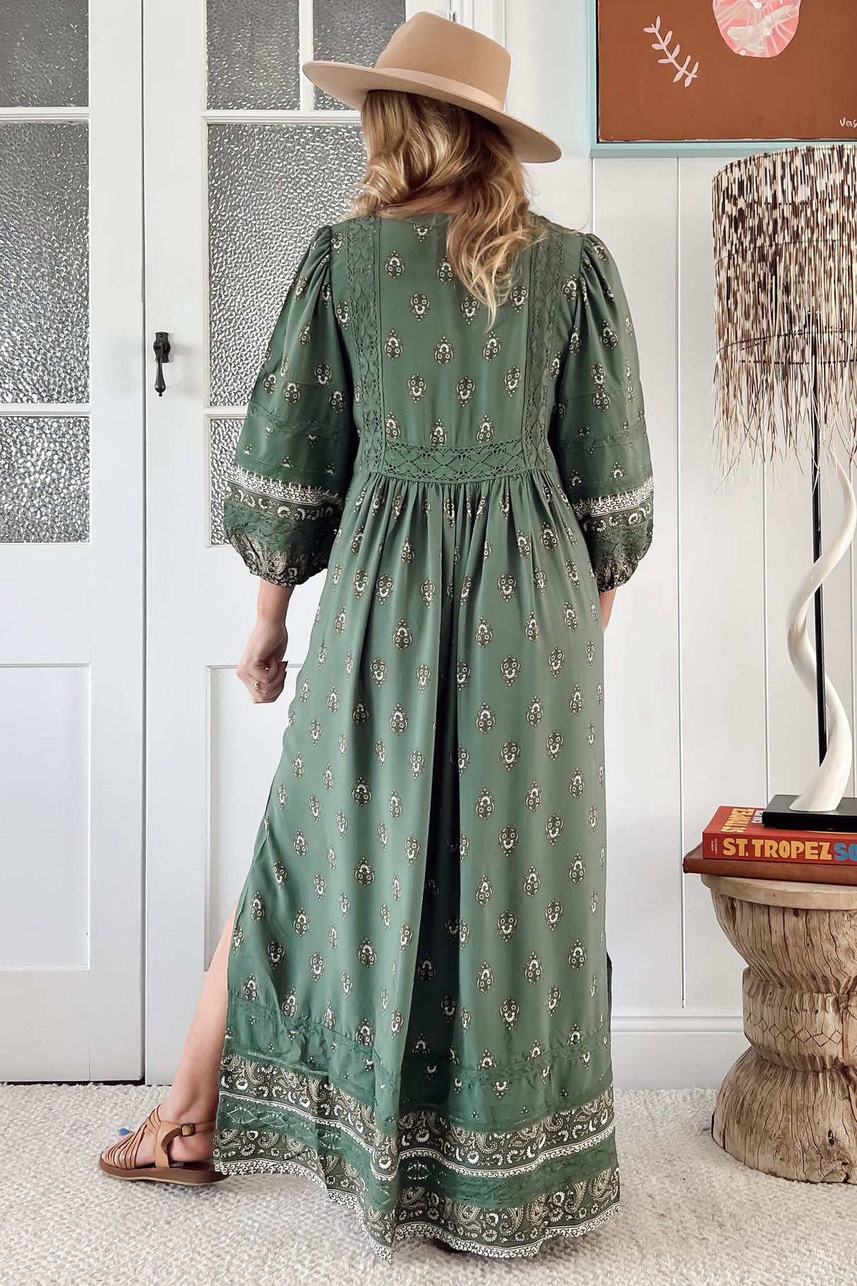 JAASE - Meadow Maxi Dress: Lace Insert Detailed Dress with Side Splits in Viridian Print
