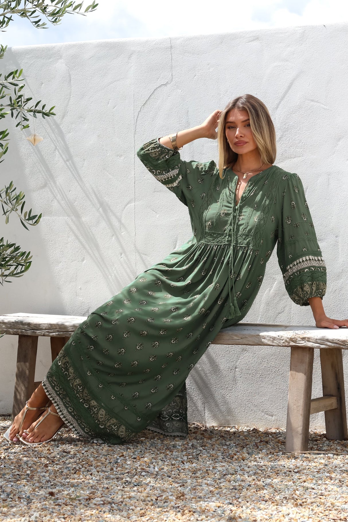 JAASE - Meadow Maxi Dress: Lace Insert Detailed Dress with Side Splits in Viridian Print