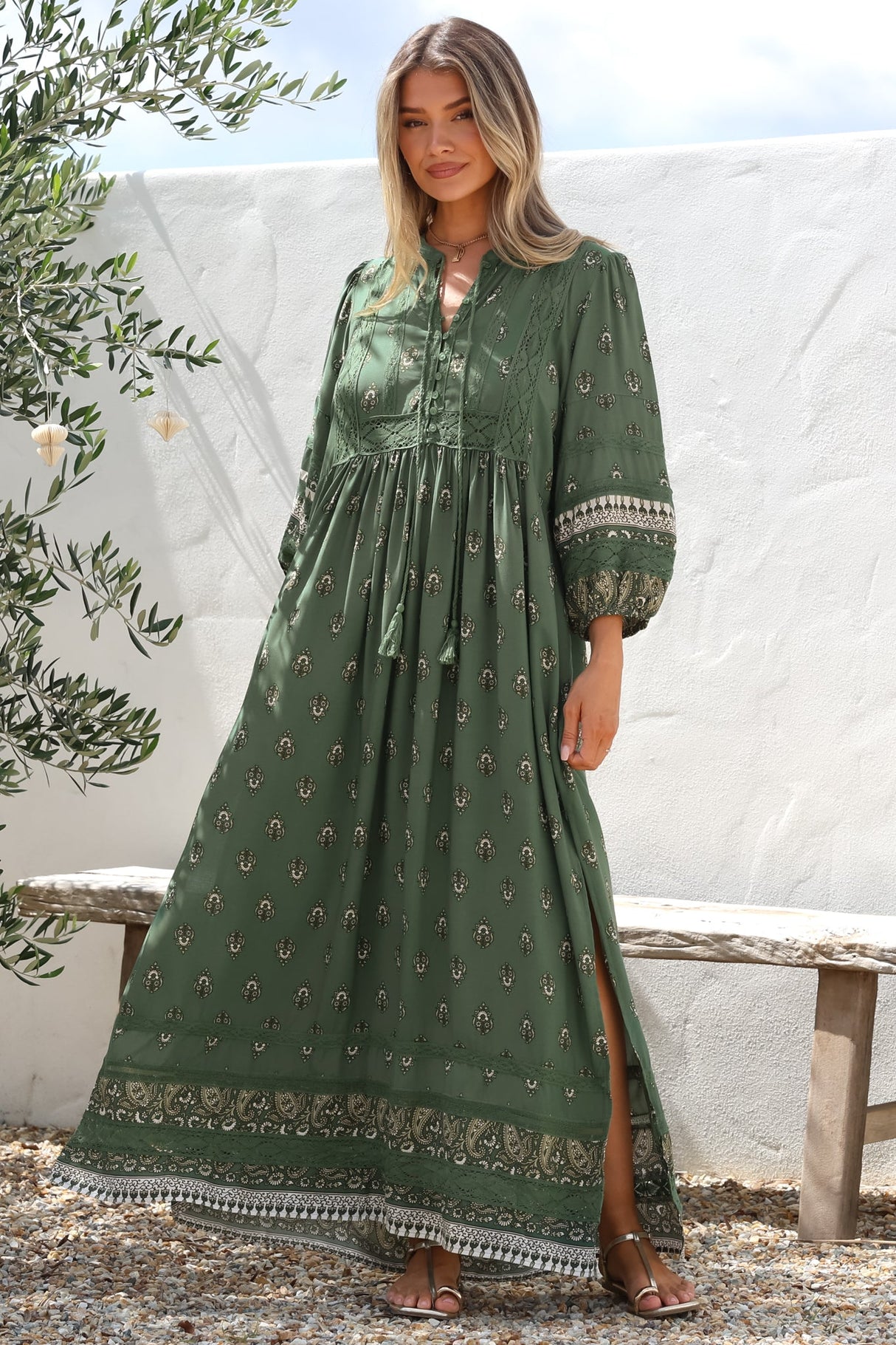 JAASE - Meadow Maxi Dress: Lace Insert Detailed Dress with Side Splits in Viridian Print