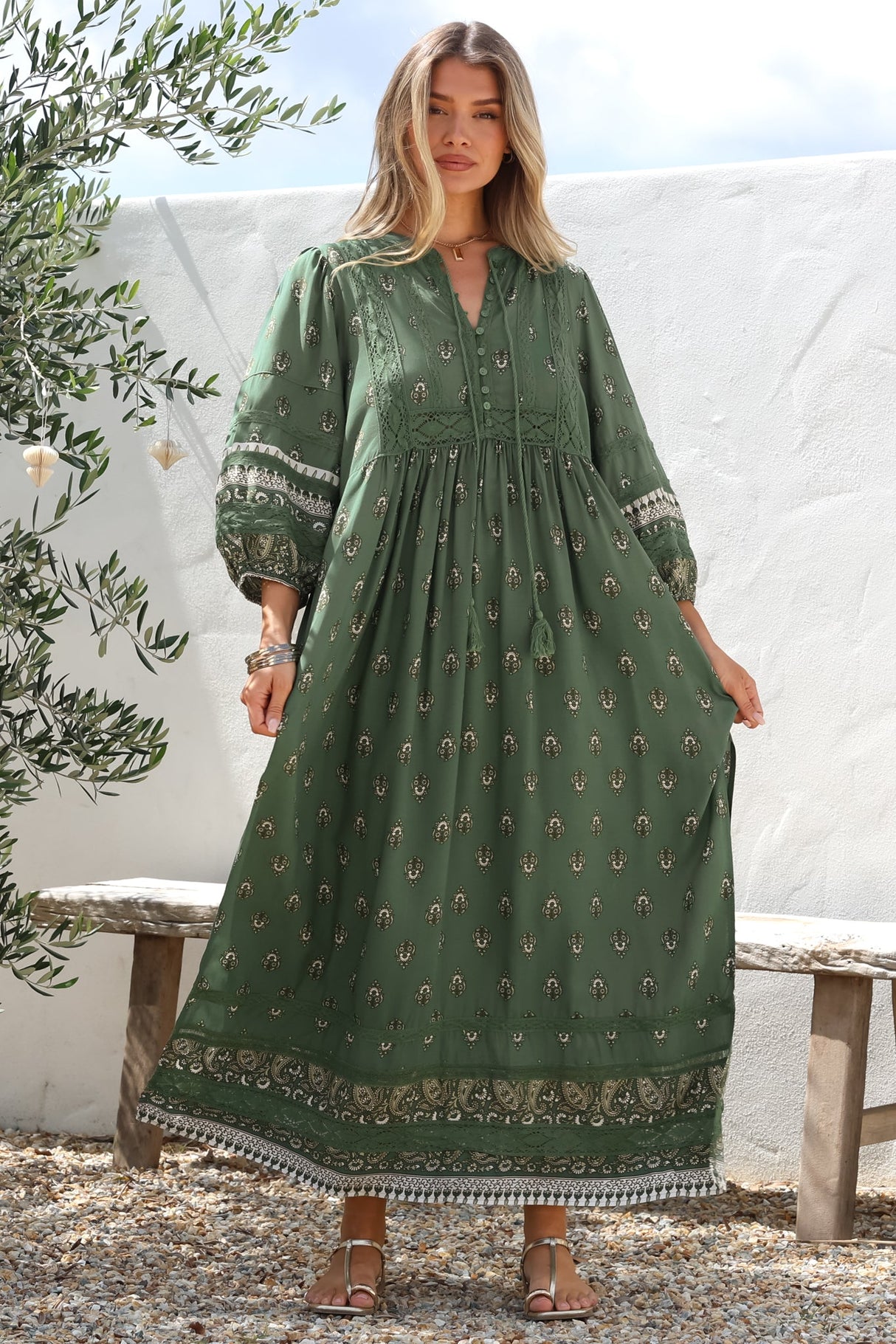 JAASE - Meadow Maxi Dress: Lace Insert Detailed Dress with Side Splits in Viridian Print