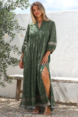 JAASE - Meadow Maxi Dress: Lace Insert Detailed Dress with Side Splits in Viridian Print