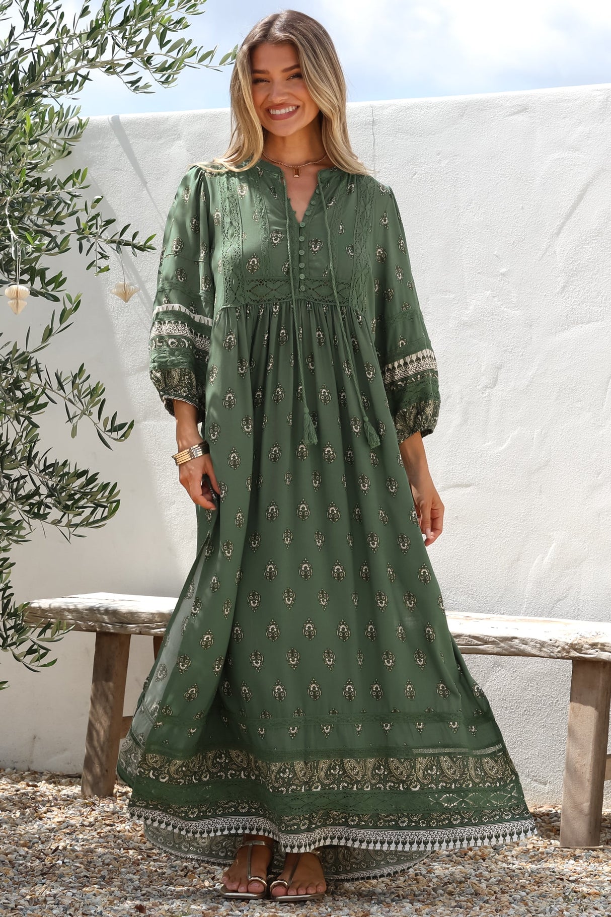 JAASE - Meadow Maxi Dress: Lace Insert Detailed Dress with Side Splits in Viridian Print