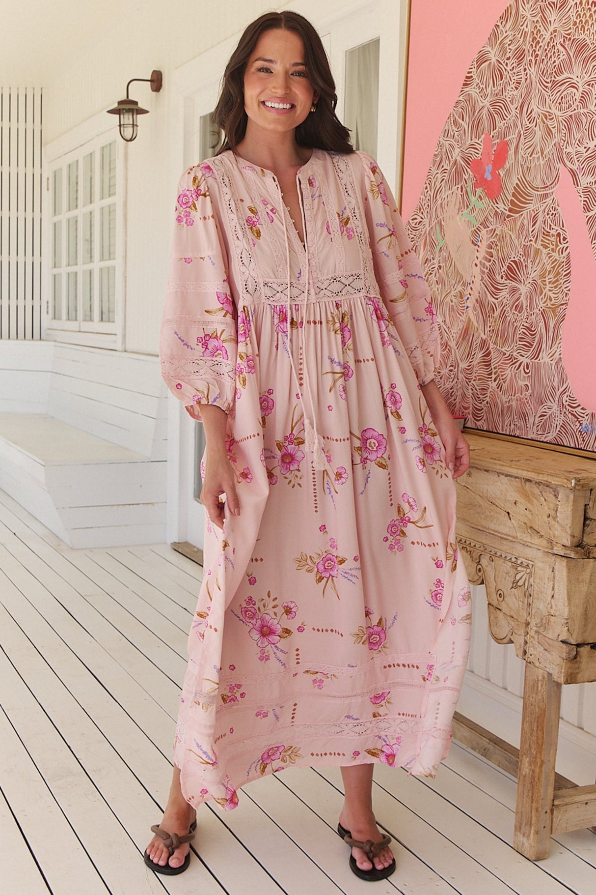 JAASE - Meadow Maxi Dress: Lace Insert Detailed Dress with Side Splits in Blushing Fields Print