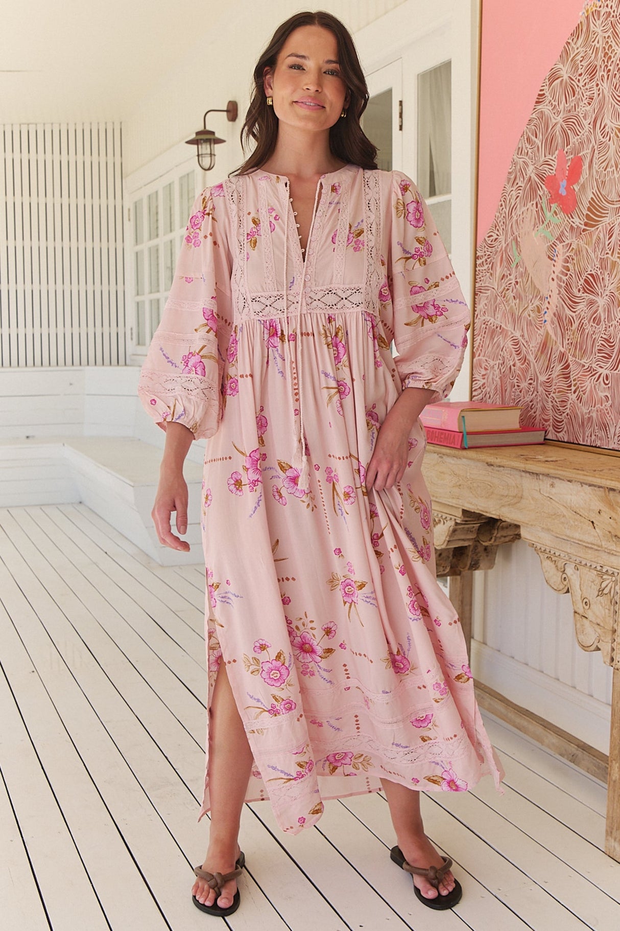 JAASE - Meadow Maxi Dress: Lace Insert Detailed Dress with Side Splits in Blushing Fields Print