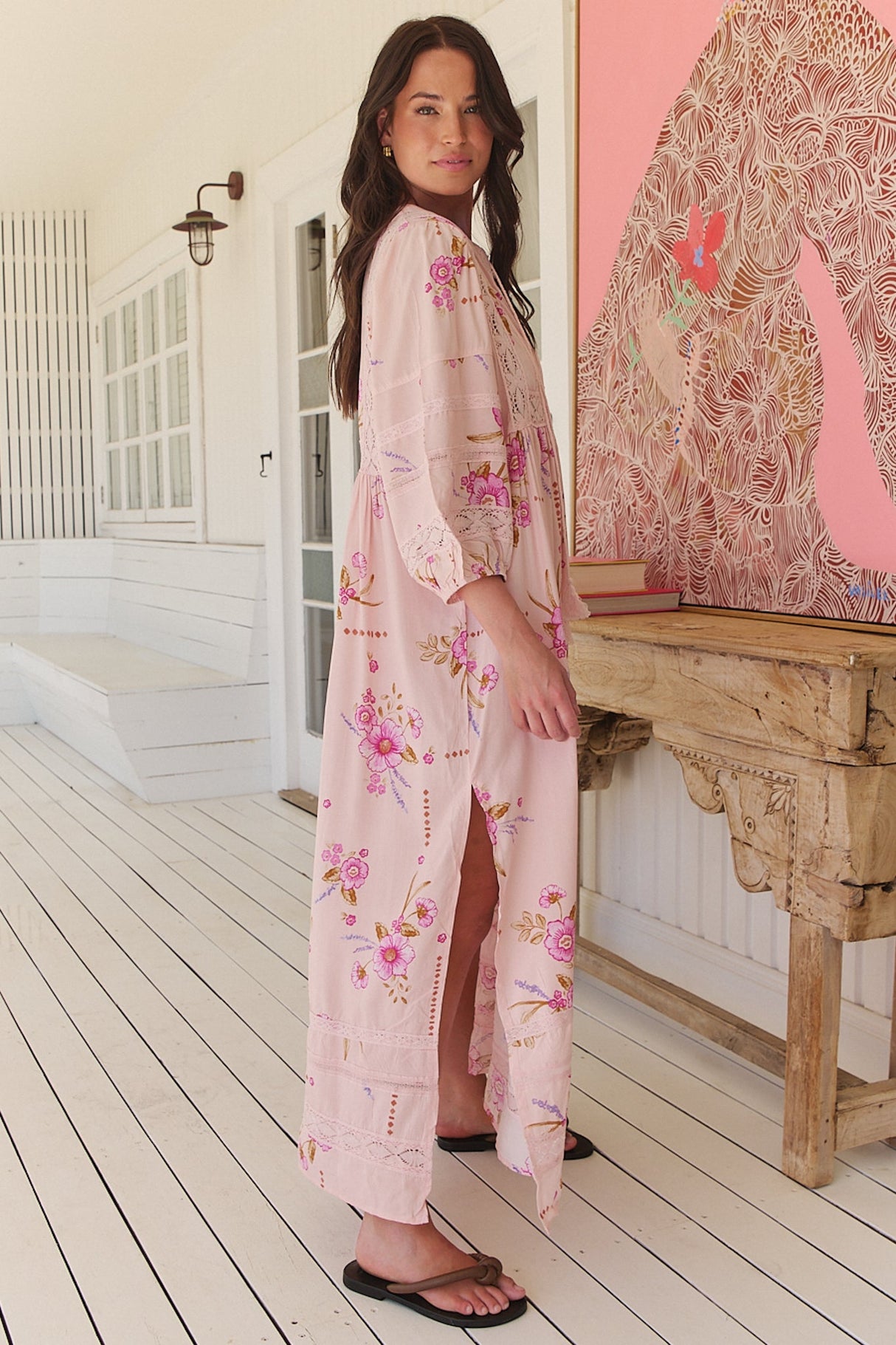 JAASE - Meadow Maxi Dress: Lace Insert Detailed Dress with Side Splits in Blushing Fields Print