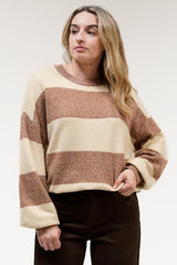 Mekah Jumper - Crew Neck Stripe Knit with Balloon Sleeves in Beige/Tobacco