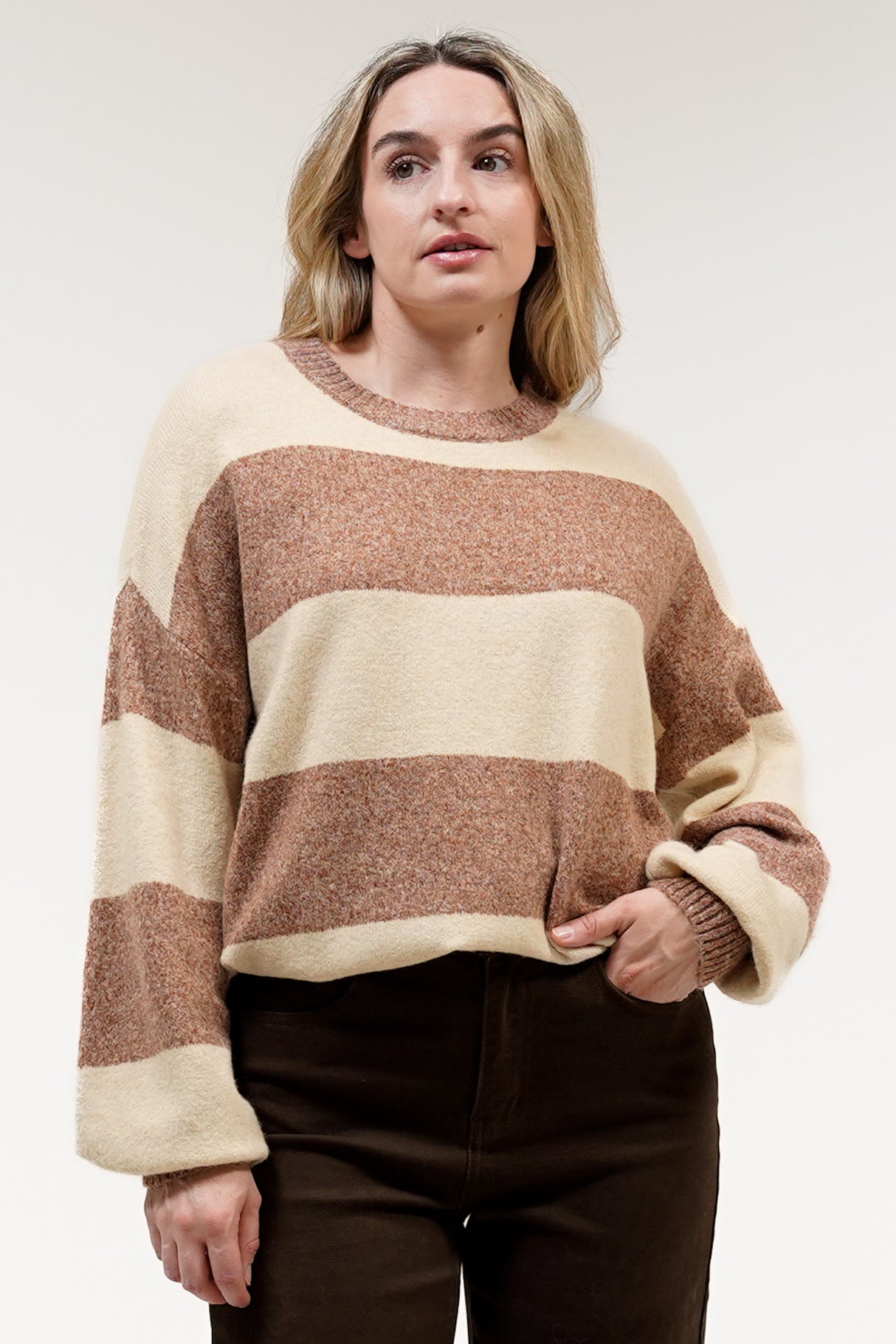Mekah Jumper - Crew Neck Stripe Knit with Balloon Sleeves in Beige/Tobacco