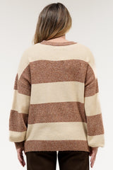 Mekah Jumper - Crew Neck Stripe Knit with Balloon Sleeves in Beige/Tobacco