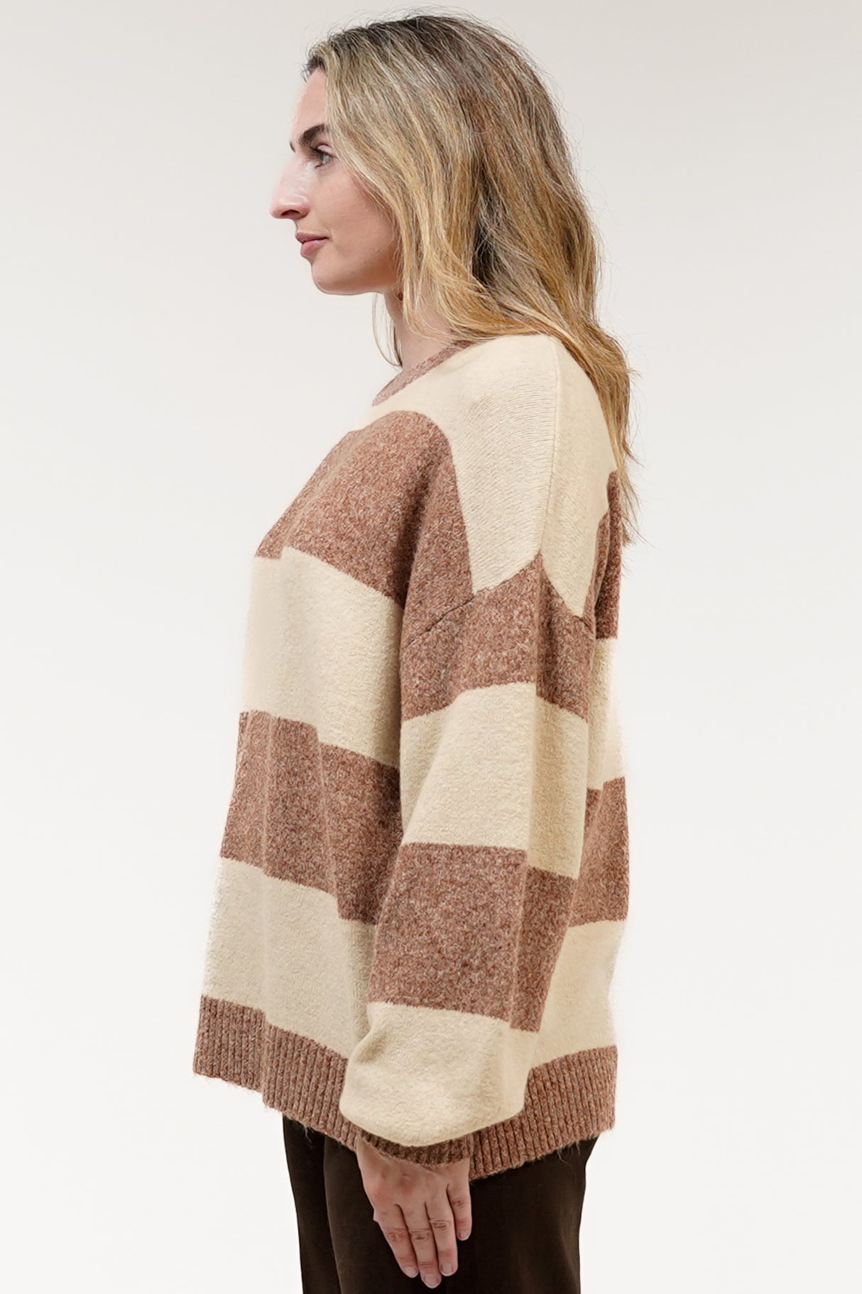 Mekah Jumper - Crew Neck Stripe Knit with Balloon Sleeves in Beige/Tobacco
