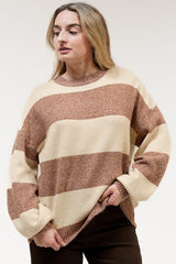 Mekah Jumper - Crew Neck Stripe Knit with Balloon Sleeves in Beige/Tobacco