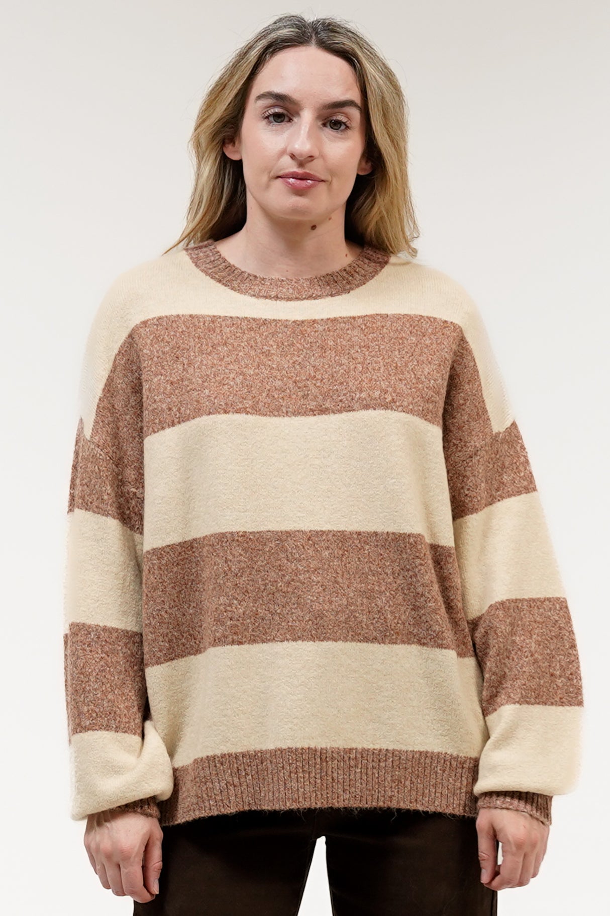 Mekah Jumper - Crew Neck Stripe Knit with Balloon Sleeves in Beige/Tobacco