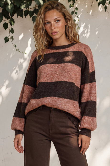 Model wearing Mekah Jumper in Chocolate/Tobacco from Salty Crush