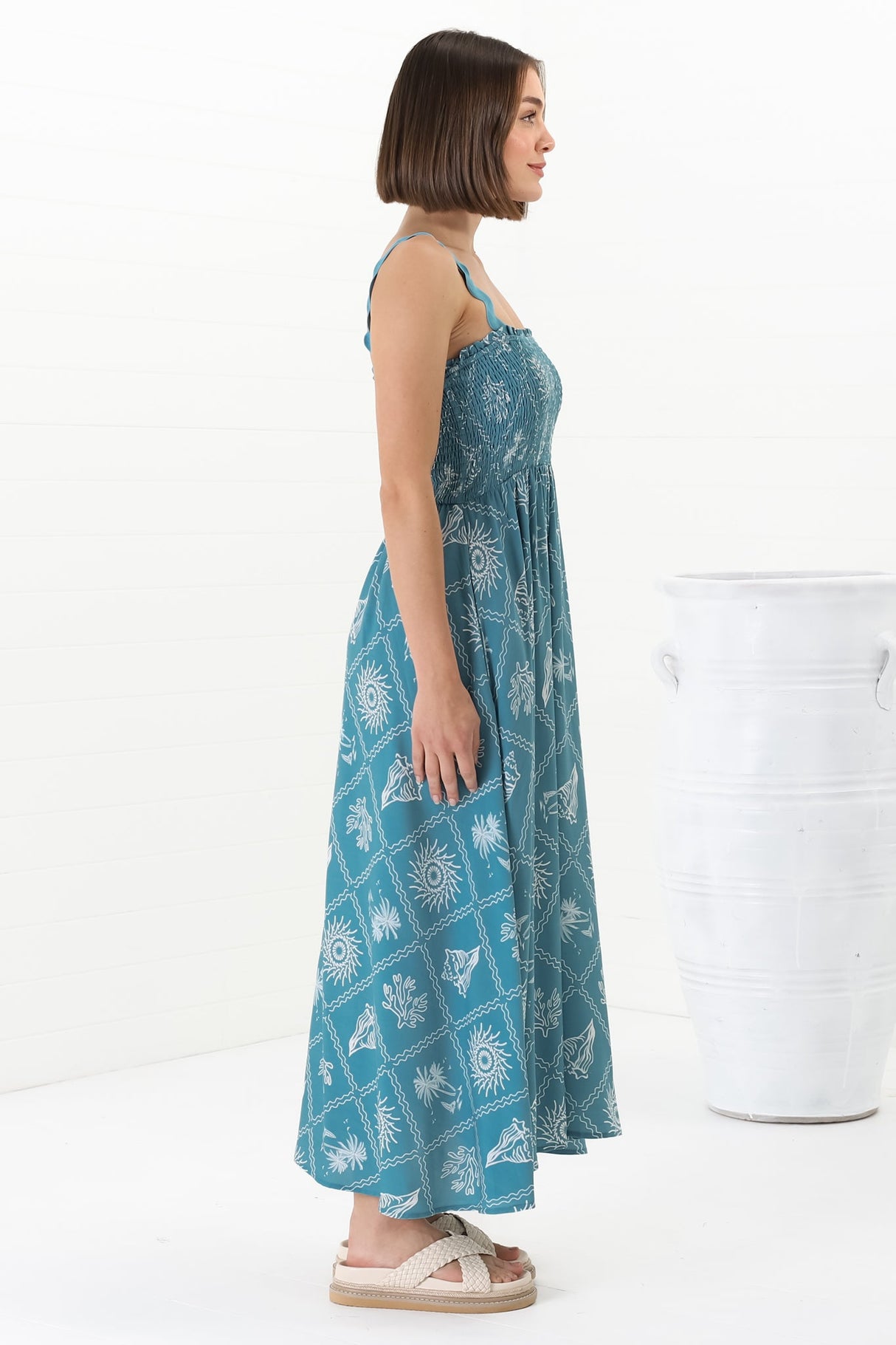 Mel Midi Dress - Rick Rack Strap Elasticated Bodice Sun Dress in Kalah Print Blue