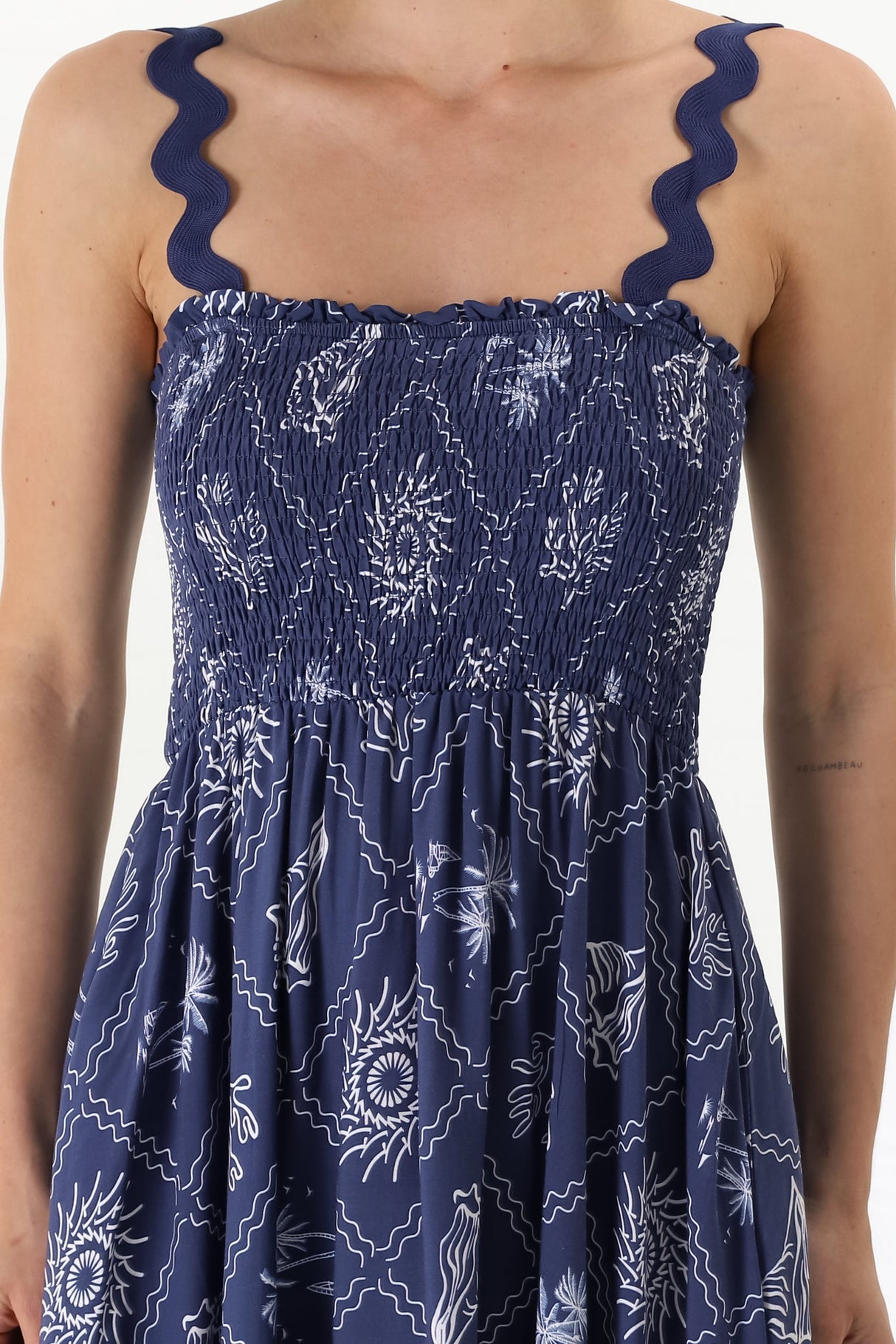 Mel Midi Dress - Rick Rack Strap Elasticated Bodice Sun Dress in Kalah Print Navy